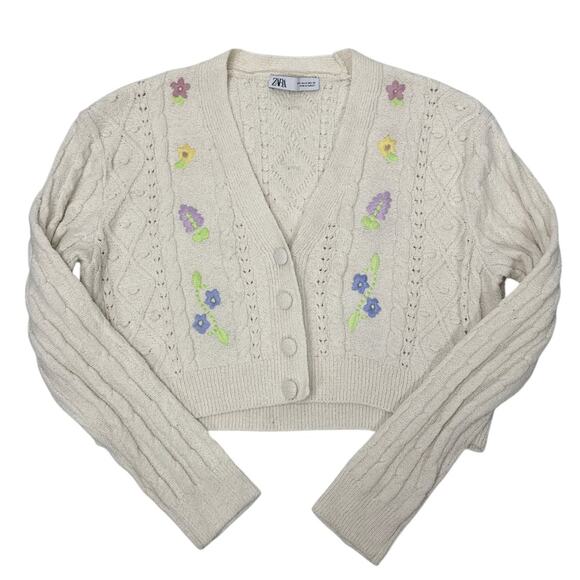 Zara Cream Cropped Cardigan with Floral Embroidery - Picture 1 of 7